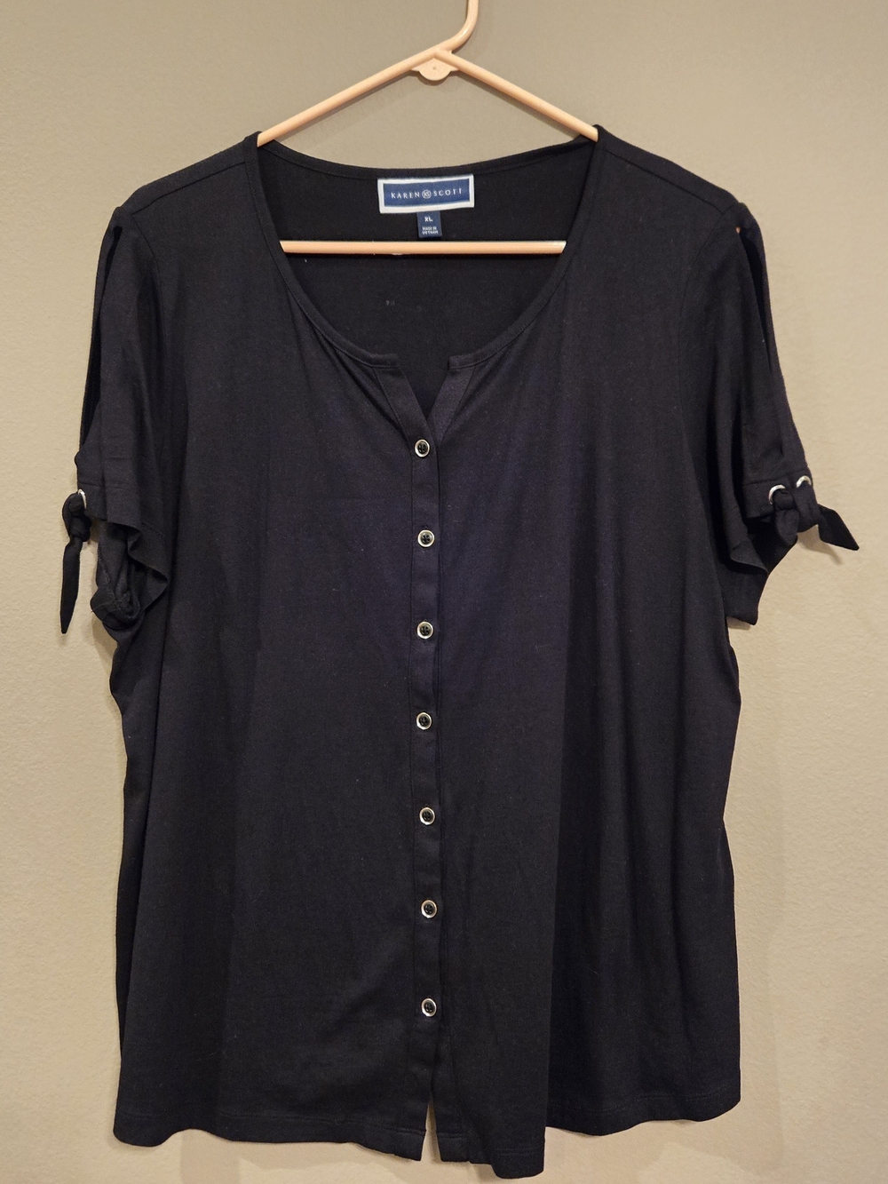 Karen Scott Black Short-Sleeve Button Front Top